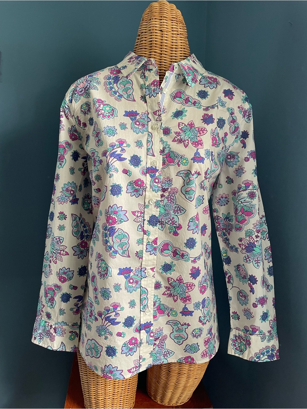 Talbots Classic Cotton Long Sleeve Shirt Multi Color Retro Floral Print PXL NWT